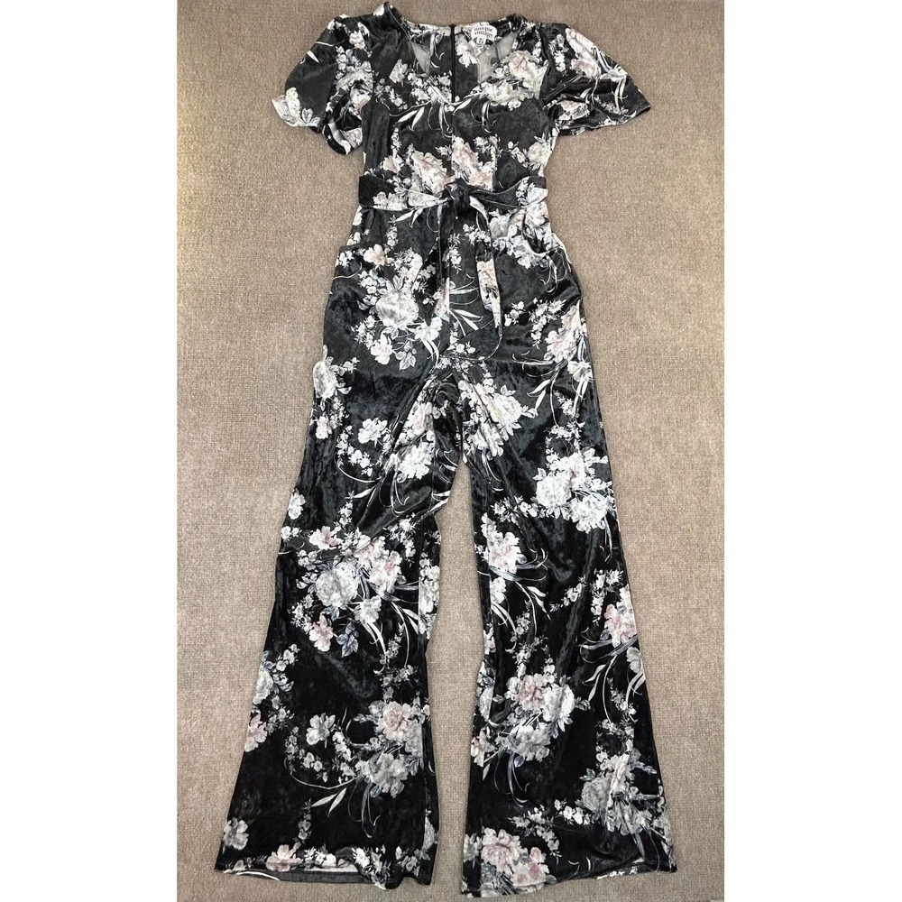 Unique Vintage Velvet Jumpsuit Womens Medium 6/8 Black Floral V Neck Back Zip